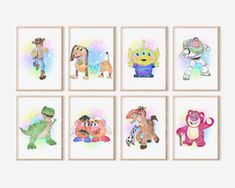 six children's wall art prints featuring cartoon characters in different colors and sizes, each with