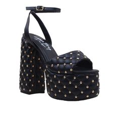 Quilted Vegan leather upper with gold metallic studs Man made sole Ankle buckle closure Heel measures approx. 6" H Platform measures approx. 2" H Imported Dance All Night, Studs Men, Perfect Shoes, Platform Heels, Womens Heels, Women's Shoes, Leather Women, Timeless Fashion, Gold Metal