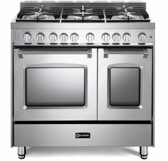 an oven with four burners and two doors on the front, in stainless steel