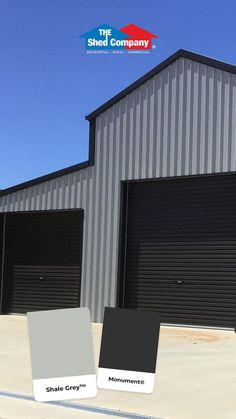 two garages with black doors and white trim