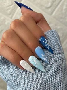 Colorful Christmas Nails Acrylic, Classy Christmas Acrylic Nails, Winter Themed Acrylic Nails, Blue Christmas Nails Stiletto, Seasonal Nails Winter, Simple Holiday Nails Coffin, Snowflake Stiletto Nails, Christmas Acrylic Nails Holiday Green, Icy Nail Designs