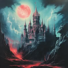 a painting of a castle in the sky with clouds and red light coming from it