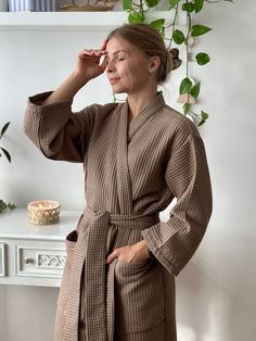 "Waffle Hand Made Kimono style Bathrobe Wrap yourself into the most comfortable robe ever. Breathable, high-quality, cosy, and sustainable. Perfect as a gift for any occasion. Made from 100% pure organic Netherlandish cotton. Oeko-Tex Standard 100 Certified ® Enjoy the spa feeling at home! * Soft and comfortable * Absorbent and quick drying * Lightweight and breathable * Durable * Hypoallergenic * 100% cotton waffle  * Easy garment care SIZING Bathrobes are designed for a loose fit: S/M:  - total length (center back length) - 115 cm/45\"; - bust - 60 cm/23.6\"; L/XL:  - total length (center back length) - 115 cm/45\"; - bust - 66 cm/26\"; Models wearing size S/M Girl height 5'61 /168cm C O L O R S: We have a wide selection of colors: https://www.etsy.com/shop/KajStore?ref=seller-platform-m Handmade Kimono, Robe For Women, Women Robe, Mode Kimono, Women's Robe, The Spa, Chocolate Color, Kimono Style, Womens Robes