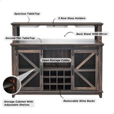 an image of a wine rack with labels on the front and side panels labeled in