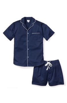 White piping trims the collar and matching shorts of these short-sleeve pajamas cut in a relaxed fit from extra-soft brushed fabric for maximum comfort. 29 1/2" top length; 3" inseam; 26" leg opening; 12 1/2" front rise; 15 1/2" back rise (size Medium) Top has notched collar; short sleeves 100% cotton Machine wash, tumble dry Imported Male Pjs Outfit, Relaxed Fit Short Set With Short Sleeves For Lounging, Relaxed Fit Short Set For Lounging, Casual Short Sleeve Short Set For Home, Men’s Pajamas, Male Pajamas, Pyjamas Men, Men Pajamas, Mens Pjs