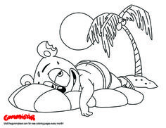 a cartoon character laying on the beach with a palm tree and ball in his hand