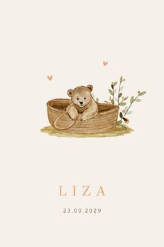 a teddy bear sitting in a basket on the ground with flowers and hearts around it