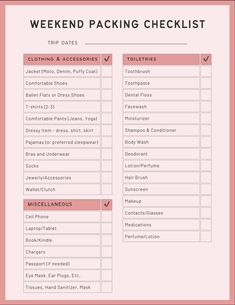 a pink and white checklist with the words weekend packing checklist written on it