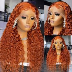 This Ginger and Orange Wigs 13x4 Lace Front Wig provides a natural-looking hairstyle. The pre-plucked frontal lace wig is 32-inches long, with a silky curly texture. The ginger color adds a warm and vibrant feel, perfect for any style. Product Details Brand: Ishow Hair Hair Material: 100% human hair from one donor Hair Color: Ginger Orange Texture: Curly Hair Length: 8-32 Inch Available Density: 150%/180%/250% Hairline: pre-plucked Can Be Dyed: yes, please dye into professional way. Straps: adju Orange Wig, Water Wave Hair, Hair Ginger, Hair Color Orange, Curly Human Hair Wig, Curly Lace Front Wigs, Lace Hair, Frontal Wig, Long Wigs