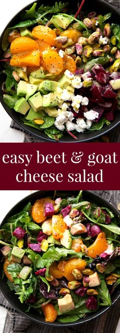 two black bowls filled with different types of salads