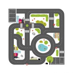 a child's play mat with cars, trucks and roads in grey on a white background