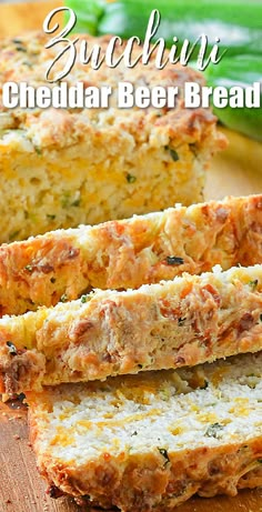 Sliced Zucchini Cheddar Beer Bread on a wooden cutting board. Herb Beer Bread, Savory Loaf, Super Easy Bread, Super Easy Bread Recipe, Beer Cheese Bread, Parmesan Zucchini Chips, Zucchini Cheddar, Easy Keto Bread Recipe, Keto Bread Recipe