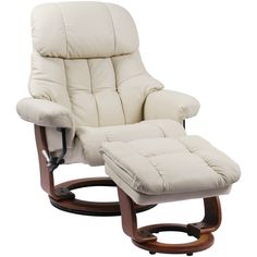 a white recliner chair and ottoman with wooden feet rest on an isolated white background