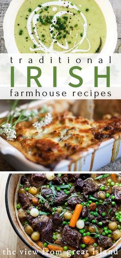 three different dishes with the words traditional irish farmhouse house recipes on top and below them