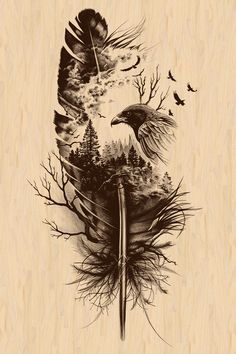 a drawing of an eagle flying in the sky with trees and birds around it on a piece of wood