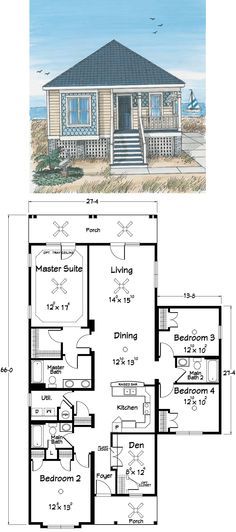 the floor plan for a beach house with two levels and an open living area on one level