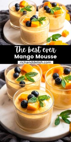 the best ever mango mousse with blueberries and mint garnishes