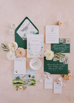 the wedding stationery was done in green, white and pink with matching envelopes