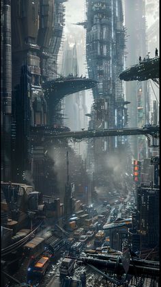 a futuristic city with lots of tall buildings in the distance and cars driving through it