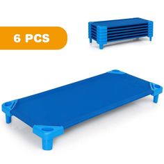 a blue plastic table with six legs and four sections on each side, all in different colors