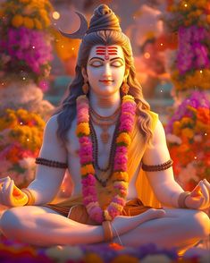 a statue of the hindu god sitting in lotus position with flowers around him and his eyes closed