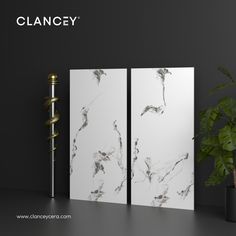 two white marble panels next to a potted plant on a black surface with the word clancey above them