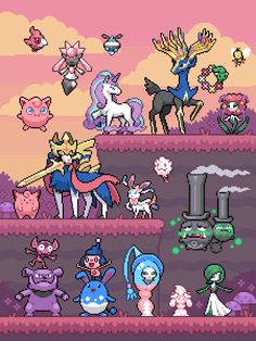 an image of pokemon and their friends in pixel art