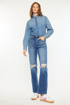 Our Dixon Ultra High Rise 90's Boyfriend Jeans feature open knee destruction for a heavy lived-in look made with rigid, non-stretch denim that gives this piece a classic denim feel. Sits high above the natural waistline as it relaxes down the leg creating a chic boyfriend jean silhouette that's comfortable and stylish. Features a classic five-pocket design and hidden five-button front closure. 11.5" Rise / 31" Inseam (Size 5) 100% Cotton Model in Size 25 Acid Wash SKU: KC7374AC Dark Wash SKU: KC Boyfriend Jean, Acid Wash, Pocket Design, Boyfriend Jeans, Stretch Denim, Black Fashion, High Rise, Black