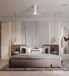 a large bed sitting in the middle of a bedroom next to a wall mounted mirror