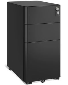 a black filing cabinet with three drawers