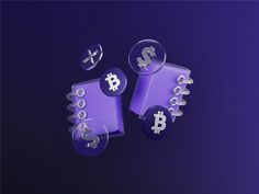 two purple objects with bitcoin symbols on them are floating in the air,