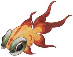 an orange and green fish with big eyes on it's back legs is floating in the air