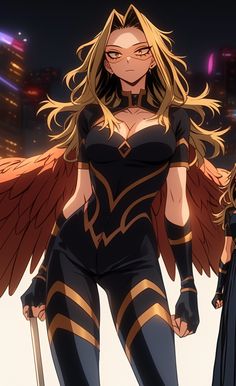 an anime character is standing in front of a city at night with her wings outstretched