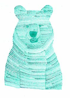 a drawing of a bear made out of many small squares in blue, green and white