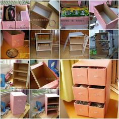 many different types of storage boxes and drawers