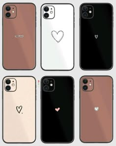 six iphone cases with hearts on them, all in different colors and shapes are shown