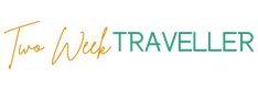 the two week traveler logo is shown in green and orange letters on a white background