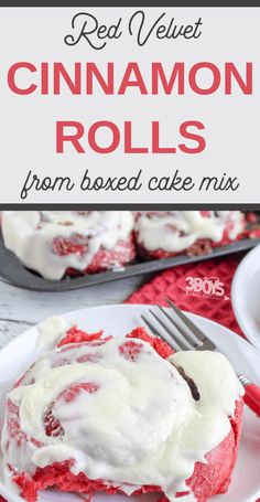 red velvet cinnamon rolls with cream cheese frosting on top