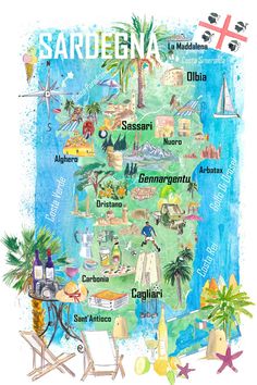 a watercolor map of the state of sardena with all its major attractions