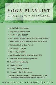 the yoga playlist is shown in green and white with words above it that read,