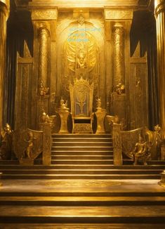 an elaborate golden throne in the center of a room filled with gold pillars and statues