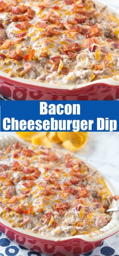 bacon cheeseburger dip in a red casserole dish on a blue and white tablecloth