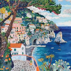 an image of a painting of a town by the sea with boats and cliffs in the background