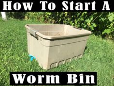 a cooler sitting in the grass with text overlaying how to start a worm bin