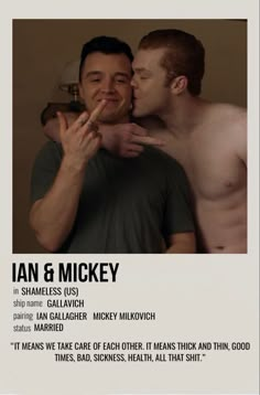 two men are kissing each other in front of a poster with the words shameless on it