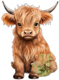 a painting of a brown cow with horns sitting next to a plant and looking at the camera