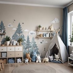 a child's room decorated in neutral tones with trees and clouds on the wall