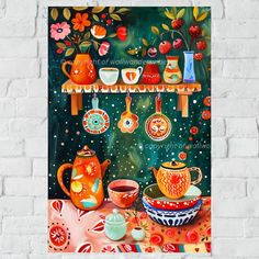 a painting on a brick wall with tea pots and cups