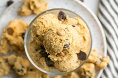 cookie dough in a glass bowl with chocolate chips