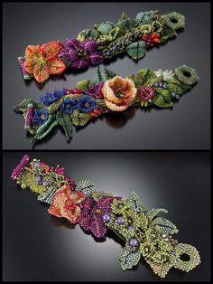 two different types of beaded bracelets with flowers and leaves on them, one is multicolored